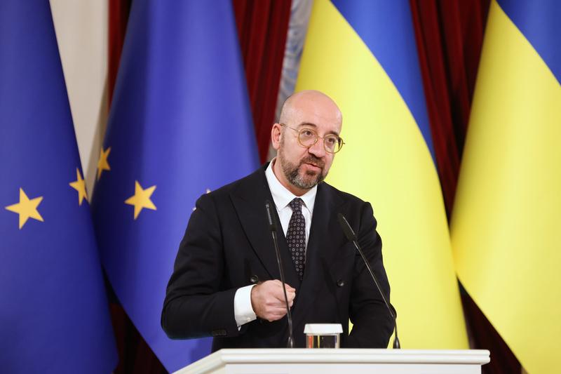 President Michel at a joint press-conference in Kyiv against the backdrop of Ukrainian and European flags