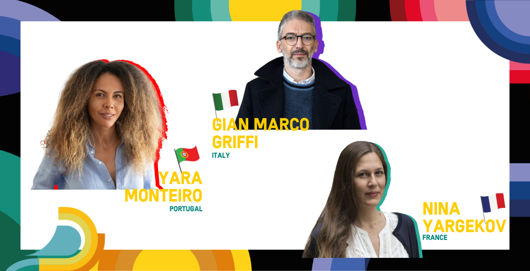 EU Authors Dialogue card - pictures of 4 EU authors with FIL Guadalajara 2023 layout