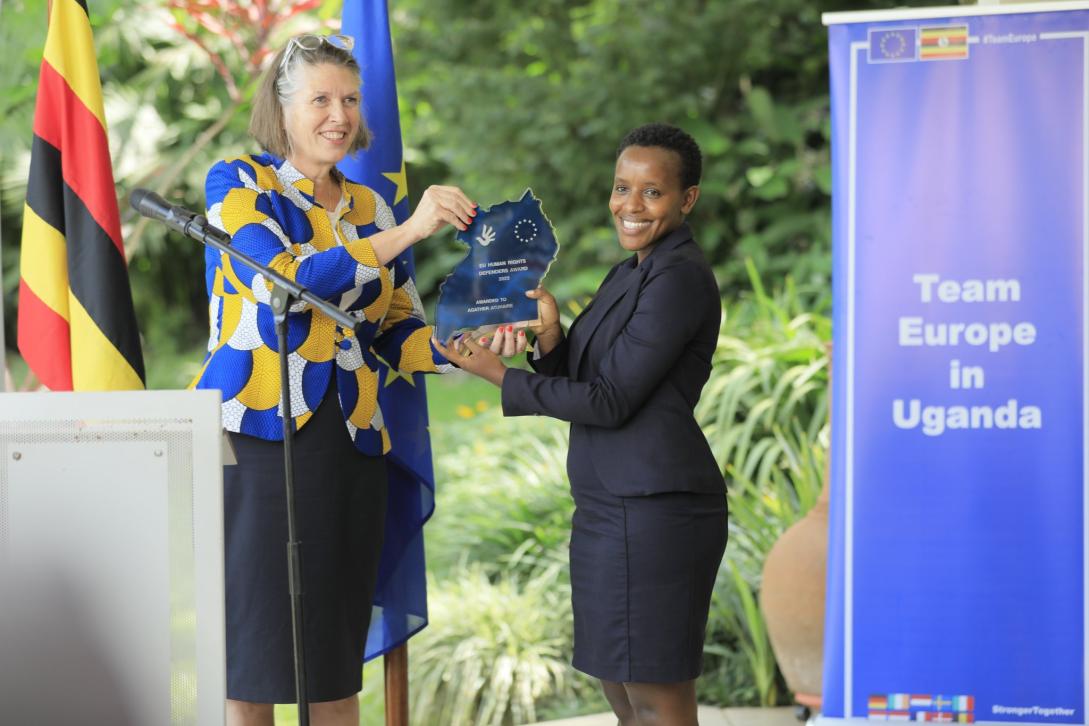 Journalist Agather Atuhaire receives the 2023 EU Human Rights Defenders Award from Netherlands Ambassador to Uganda H.E Karin Boven