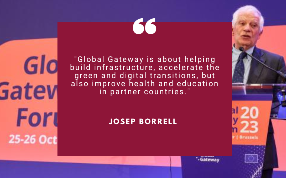 HR/VP Josep Borrell talking at the Global Gateway Forum 2023, HR/VP stands in front of the lectern, in the background a banner with written global Gateway Forum 2023, 25-26 October with pink and purple tones.