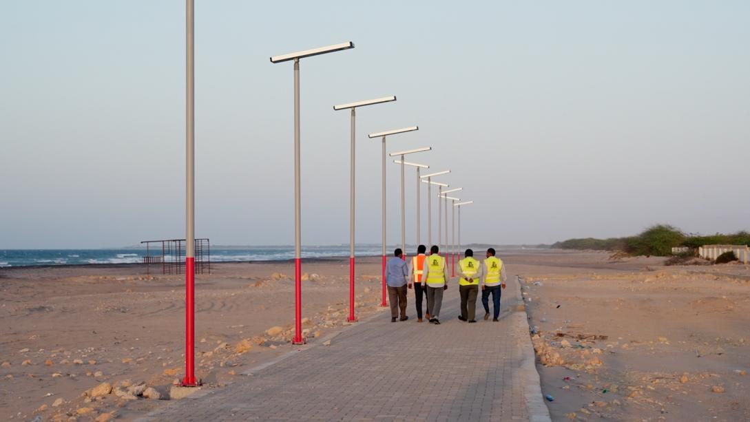 More than 200 new solar-powered street lights were installed along the pavements lining the three kilometre road leading to the Batalaale beach a