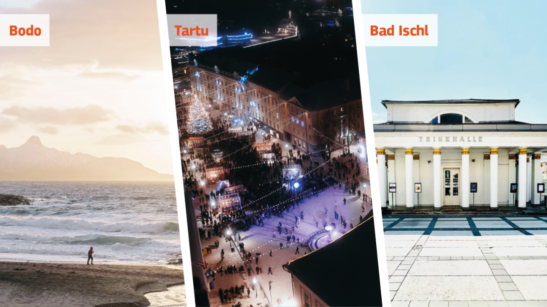 picture showin landscapes of three new european capitals of culture. On the left is picture of Bodo showing a man running on the beach, behind him there is sea with waves and there are mountains, in the middle there is a landscape of  Tartu town square as seen from the sky, the square is decorated with Christmas lampions and there are many people in the square. On the right picture is the landskape of Bad Iscl  showing a building with tall columns 