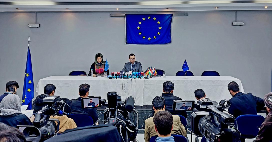 EU Special Envoy Tomas Niklasson at a press point at the EU Delegation to Afghanistan