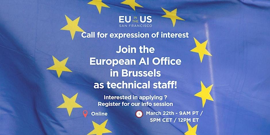 EU flag background with event title and details in white.