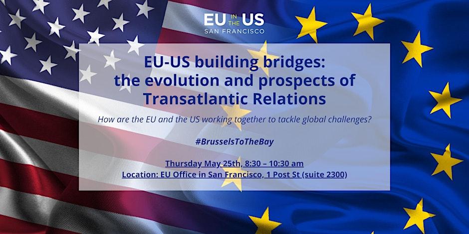EU and U.S. flags with event details on a white square on top.