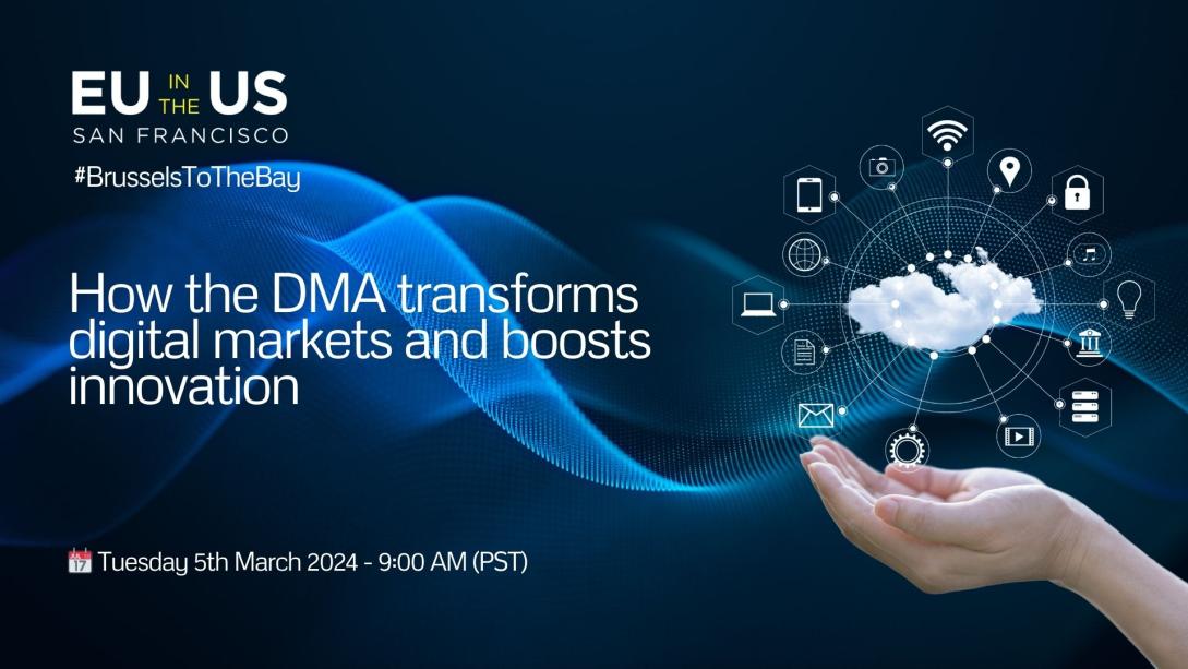 Dark blue background with event title and hand holding a cloud computing system.