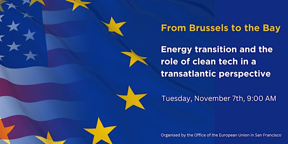 A dark blue background with the EU and US flags on the left, with the event details