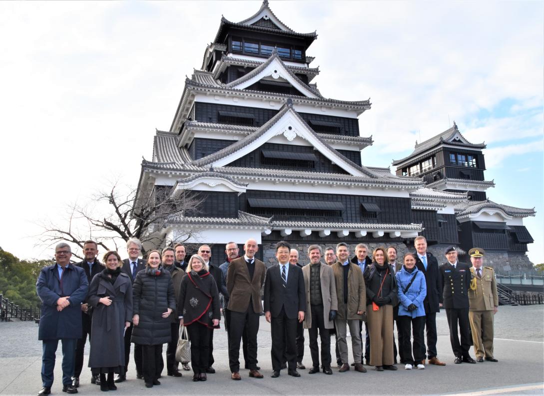 EU ambassadors pose in front of Kumamoto Castle