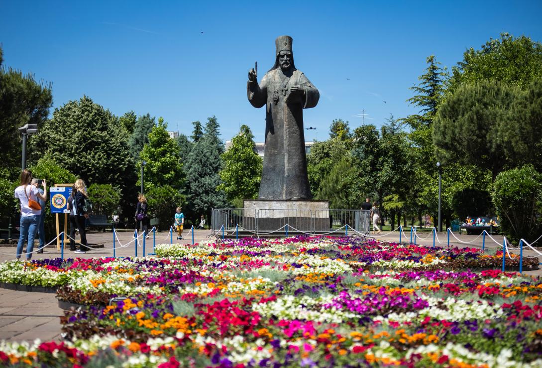 Flower carpet in front of the Saint Peter of Cetinje Monument in Podorica