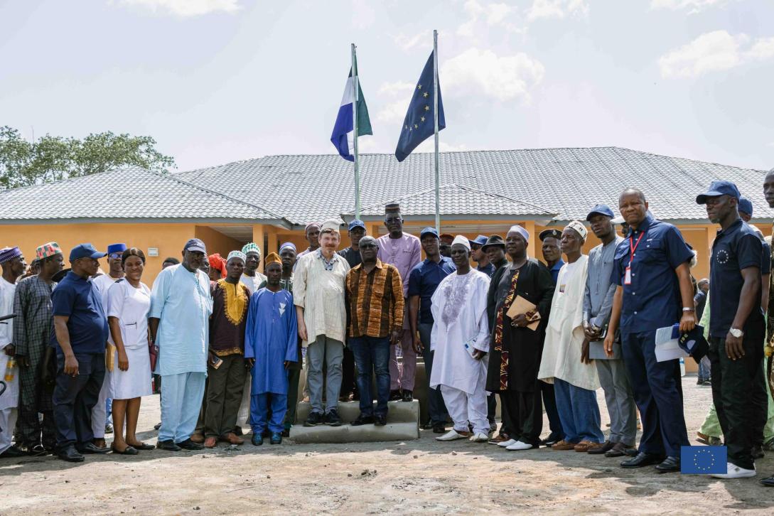 Local stakeholders together with the Hon. Minister of Local Government, Tamba Lamina and the EU Ambassador pose for the camera at the multipurpsoe hall