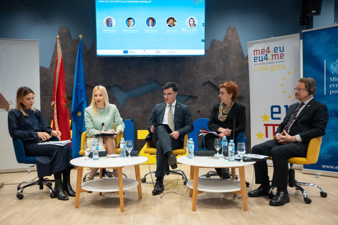 speakers at the panel discussion "Annual Progress Report Analyses-Focus on gender equality" sitting