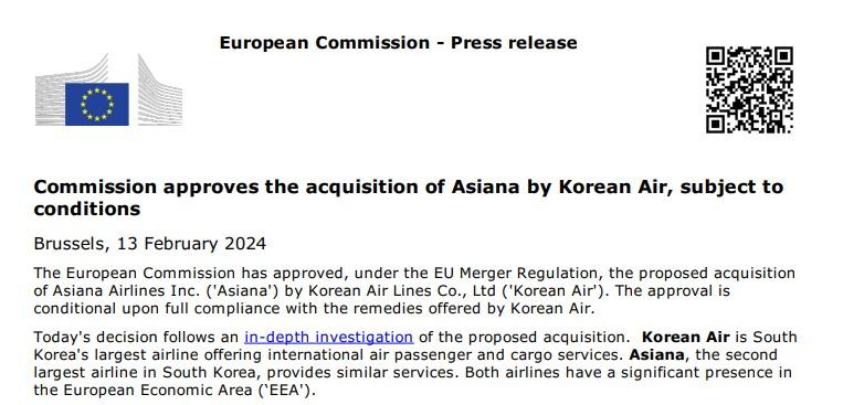 Commission approves the acquisition of Asiana by Korean Air, subject to conditions