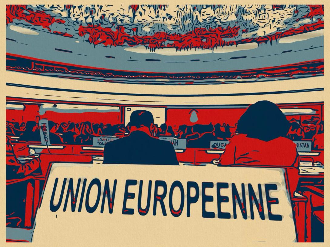 View of the Human Rights Council room with the name plate "Union Europeene"