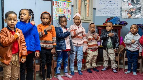 Sudanese refugee children resume their education in a community learning centre in Egypt, supported
