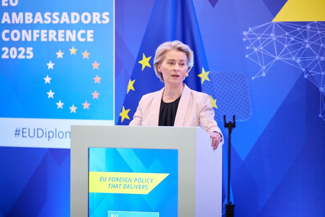 President of the European Commission von der Leyen speaking at a 2025 Ambassadors Conference