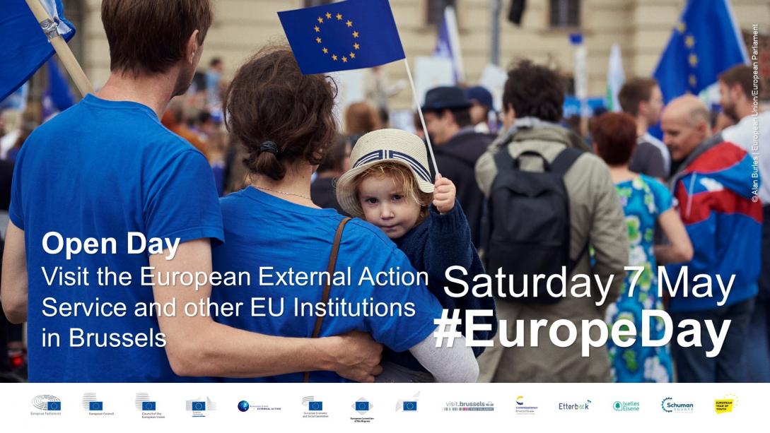 Invitation for the Open Day in Brussels couple with a kid waving a EU flag