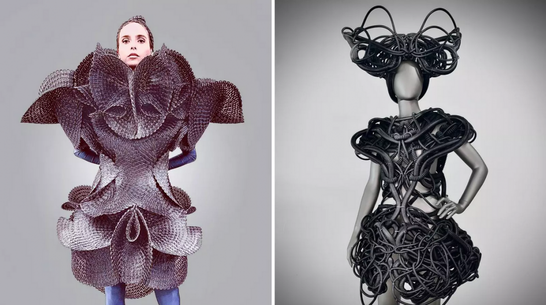 Two photos of two sustainable fashion pieces.