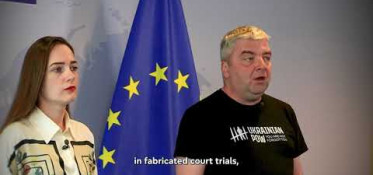 Thumbnail of a man and a woman, background has EU flag. 