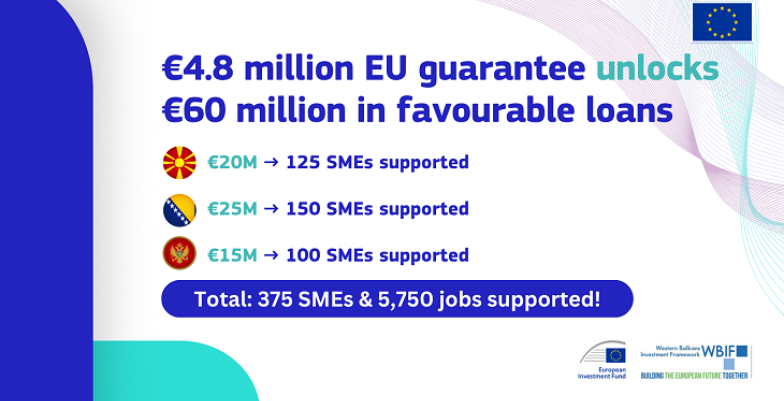 Visual with the following text: €4.8 million EU guarantee unlocks €60 million in favourable loans 