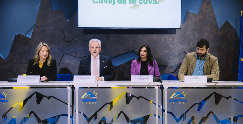 Governor Irena Radović, Ambassador Sattler, Minister Jakšić Stojanović and Vuk Vujisić sitting