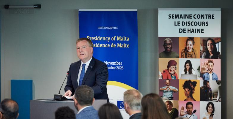 EU Commissioner McGrath delivering a speech at the opening of the No Hate Speech Week at the CoE