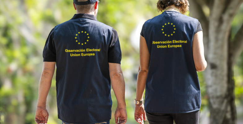 male and female election observers walking