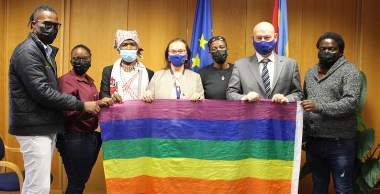 EU Ambassador to Eswatini, Dessislava Choumelova and EU Delegation's Political Counsellor, Robert Adam, with representatives of the LGBTI community in Eswatini on 17 May 2022 at the EU offices in Mbabane.
