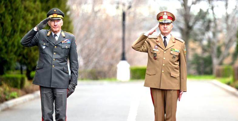 Two high ranking officers in uniform stand to attention and salute, facing the camera.