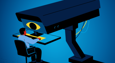 Banner depicting a CCTV looking at a human chained to a desk.