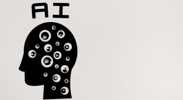 Abstract illustration of AI with silhouette head full of eyes, symbolizing observation and technolog