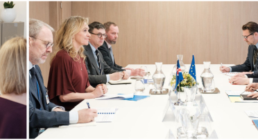 Two pictures. On the left showing two women; on right picture of a meeting table with 8 people