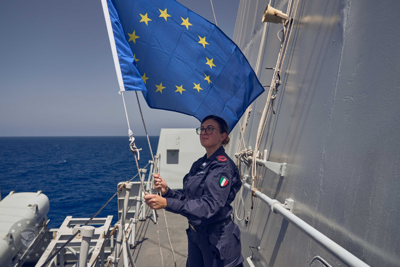 A servicewoman on board a boat as part of EU NAVFOR Operation ASPIDES 