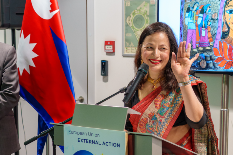 Ambassador of Nepal to the EU, H.E. Ms. Sewa Lamsal, delivering opening remarks.png