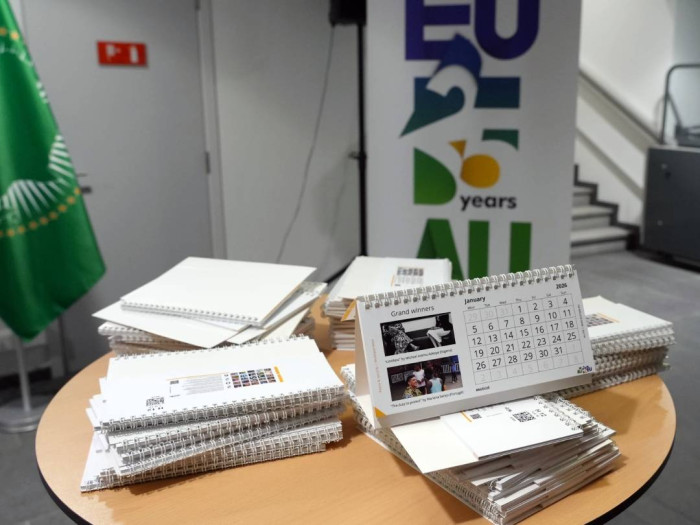 Display of calendar and materials for AU-EU art exhibition