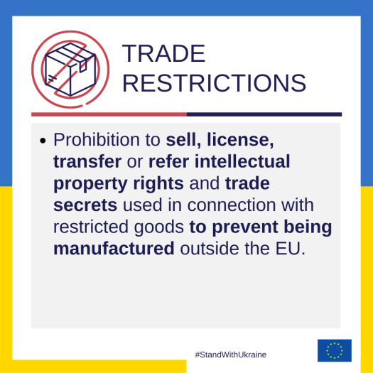 Prohibition to sell, license, transfer or refer intellectual property rights and trade secrets used in connection with restricted goods to prevent being manufactured outside the EU.
