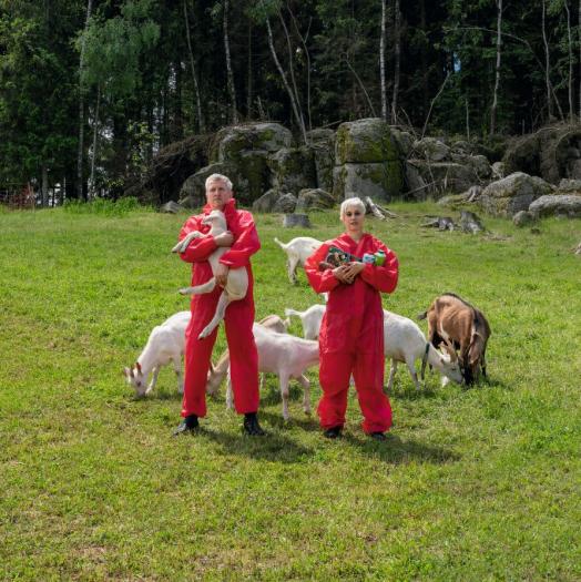 a cpuple in red uniforms in the fields holding goats sheeps 