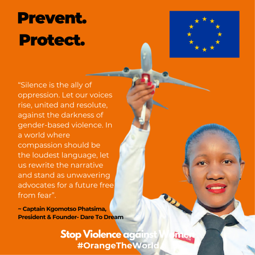 A picture of a flight capatain and her quote about GBV