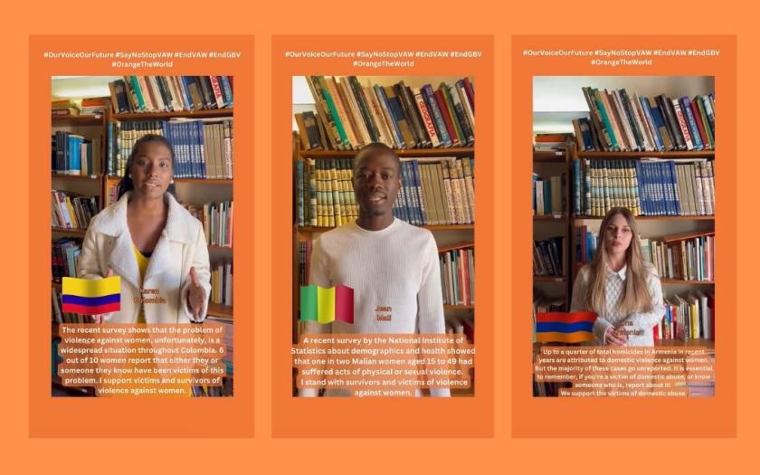 Screenshots of 2 girls and 1 boy with a message to combat gender-based violence