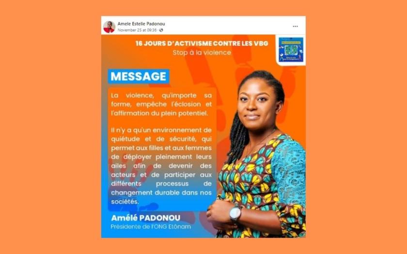 Visual card of Amele Estelle Padonou's message: 'La violence, qu'importe sa forme, empêche l'éclosion et l'affirmartion du plein potentiel.'