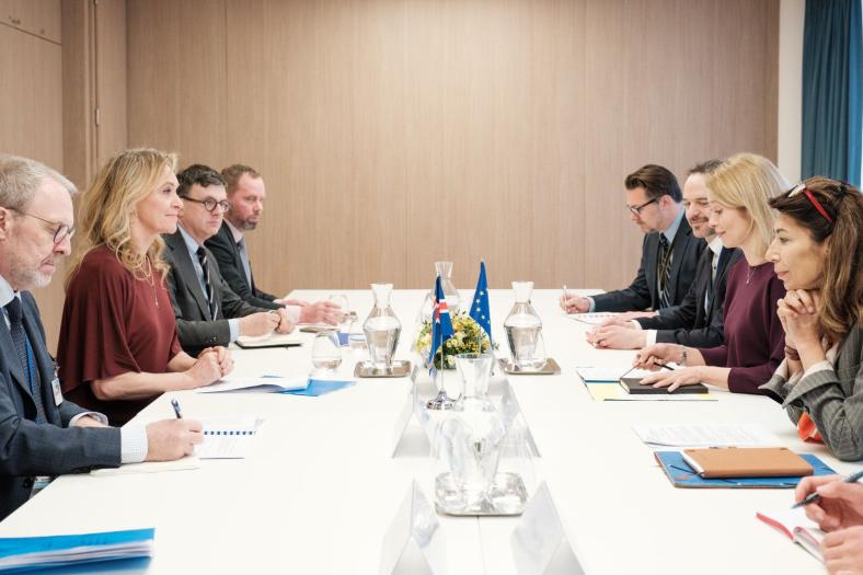 Picture of 8 people sitting by a large table during a meeting