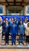 A group photo of delegates to a conference on the steps of a grand building.