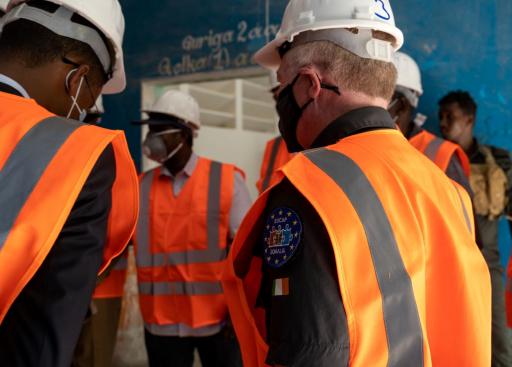 EUCAP Head of Mission Chris Reynolds takes part in inspection of a dormitory refurbishment site at General Kahye police academy in Mogadishu