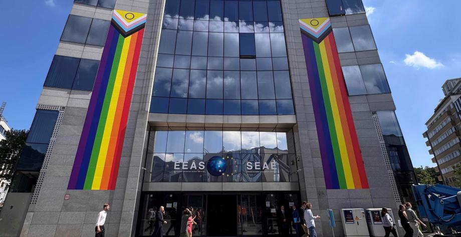 EEAS facade with Progress Pride wall stickers on each side - 2025