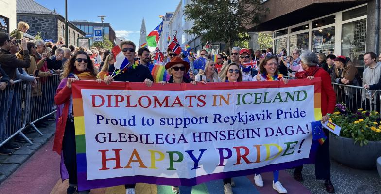 colourful picture of group of diplomats walking down a rainbow coloured street with a Happy Pride ba