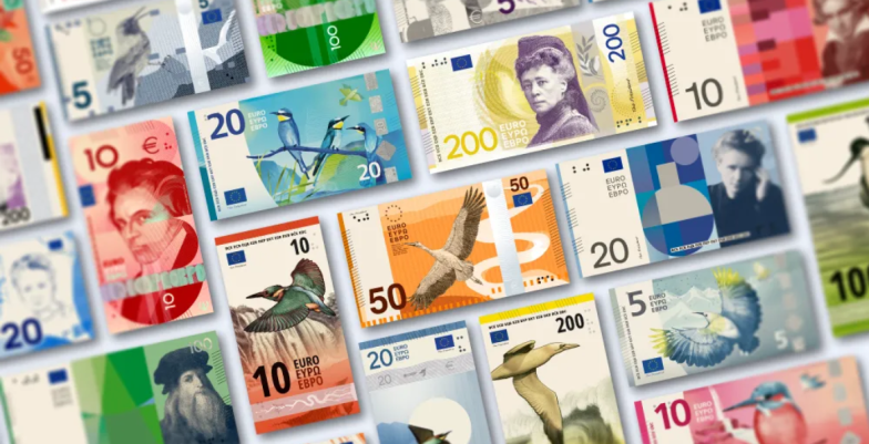 Montage of new euro bank notes