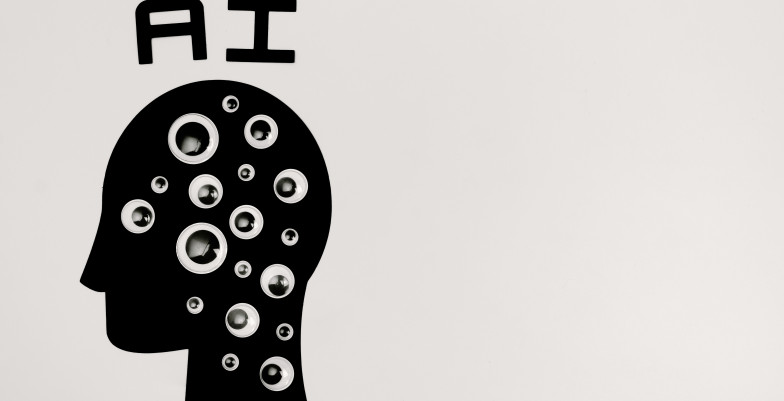 Abstract illustration of AI with silhouette head full of eyes, symbolizing observation and technolog