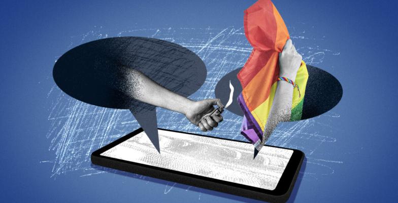 Illustration of a phone with two conversation balloons coming out with a hand lighting a rainbow flag