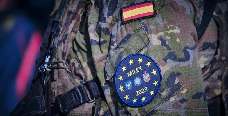 Close up of Spanish soldier's sleeve with Milex mission patch.