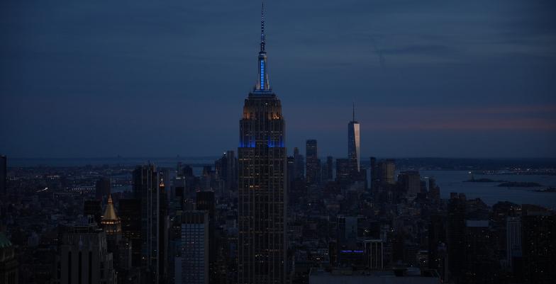 Empire State Building in blue and yellow for Europe Day 2024