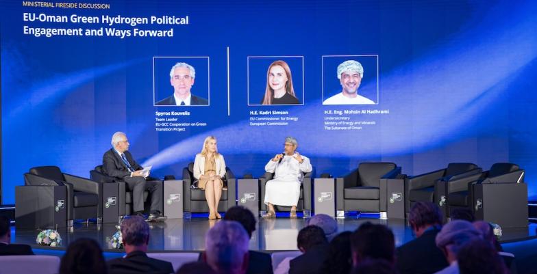 Fireside Chat at the Green Hydrogen Summit Oman 2023. Featuring details about the EU-GCC Cooperation on Green Transition event. Key speakers include H.E. Eng. Salim Bin Nasser Al Aufi, Minister of Energy and Minerals, Oman, and H.E. Kadri Simson, EU Commissioner for Energy. Date: December 13, 2023, Time: 14:00 - 17:20, Venue: JW Marriott, Muscat, Oman. Session highlights include EU-GCC Green Transition Cooperation, Renewable Hydrogen in Oman, Promoting Dialogue and Cooperation, and The EU and Om